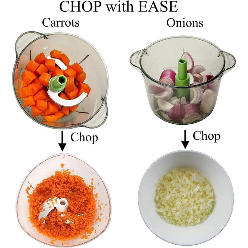AVIOX manual press food chopper chopping carrots and onions into fine pieces.