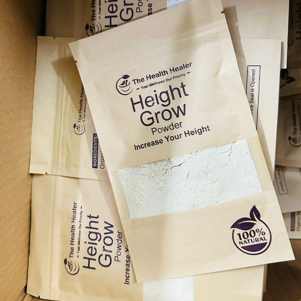 Packages of The Health Healer Height Grow Powder supplement for increasing height naturally.