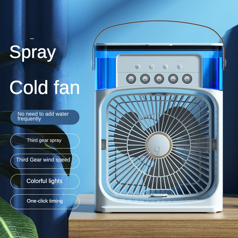 AVIOX portable USB rechargeable mini air cooler with blue water tank and white fan grill