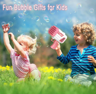 Two children playing in a grassy field with an AVIOX automatic bubble gun toy.