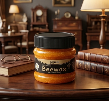 AVIOX Beeswax furniture polish jar on a wooden table in a vintage study.