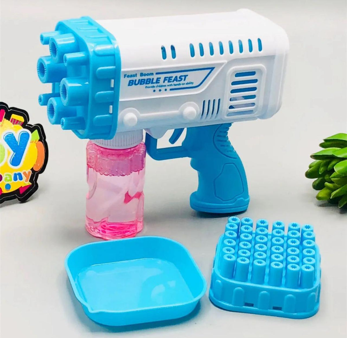 AVIOX Bubble Gun Toy with pink liquid and blue accessories for automatic bubble fun