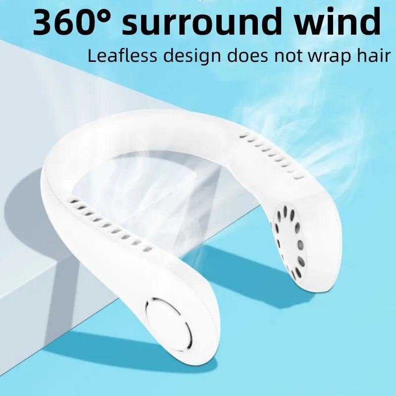 AVIOX white mini neck bladeless rechargeable cooling fan with 360 degree surround wind