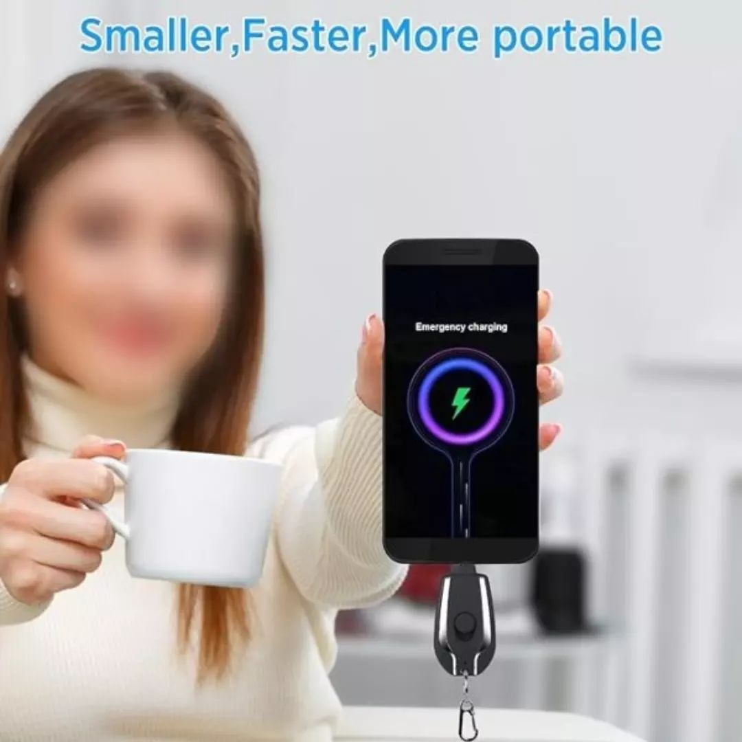 AVIOX Power Pod Mini Keychain Power Bank charging a smartphone for emergency use.