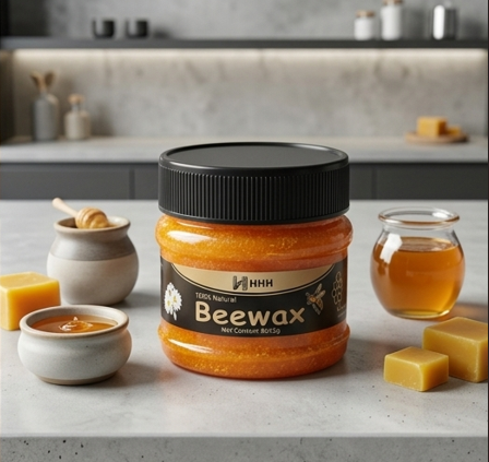 AVIOX Beeswax Furniture Polish jar on a countertop with honey and wax blocks.