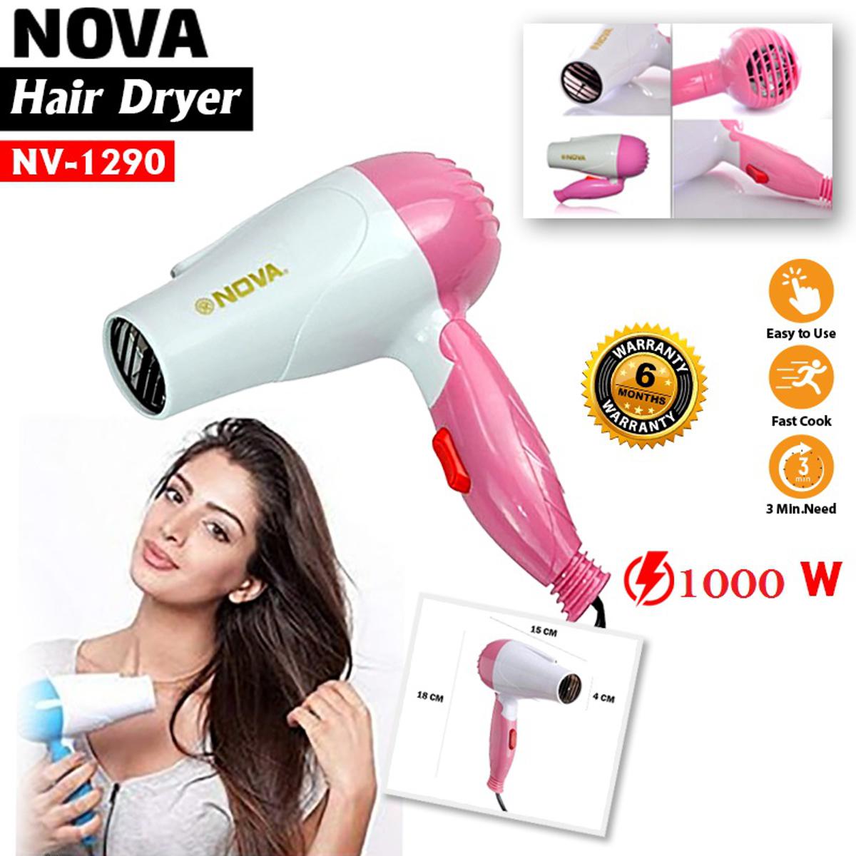 AVIOX Nova Foldable Hair Dryer in pink and white with 1000W power for quick styling.