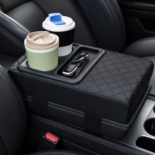 Universal PU Leather Car Armrest Cushion with Cup Holder & Storage Box