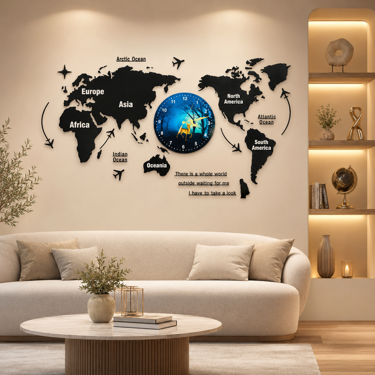 40-Inch 3D Wooden World Map Wall Clock with Decorative Light