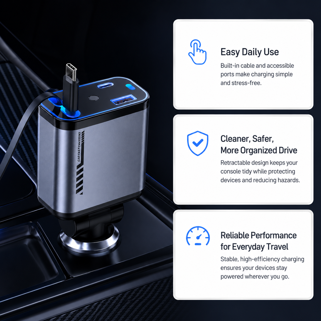 4-in-1 Multi-Functional Car Charger with Fast Charging & Star Light