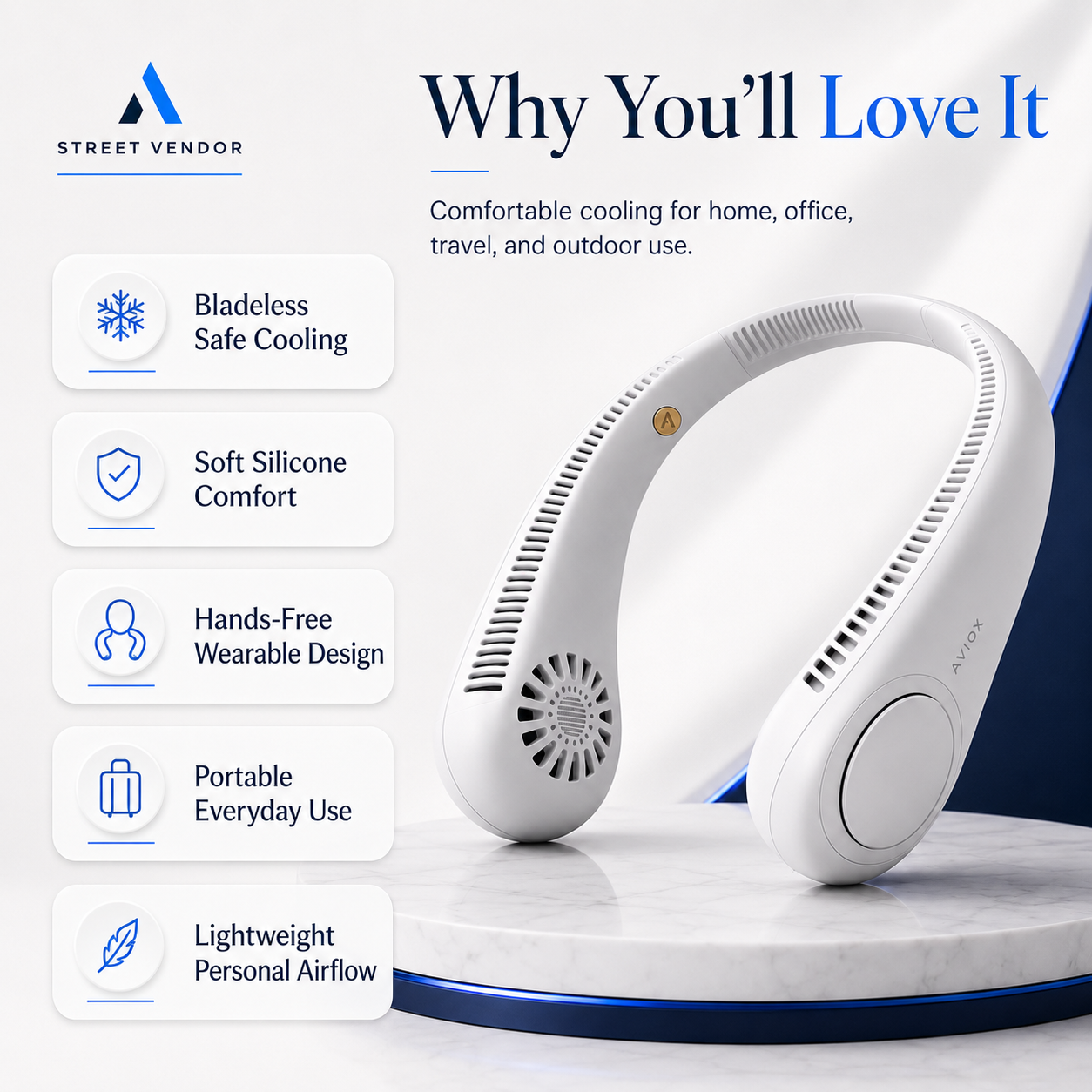 STREET VENDOR Premium Bladeless Neck Fan – Wearable Personal Air Cooler