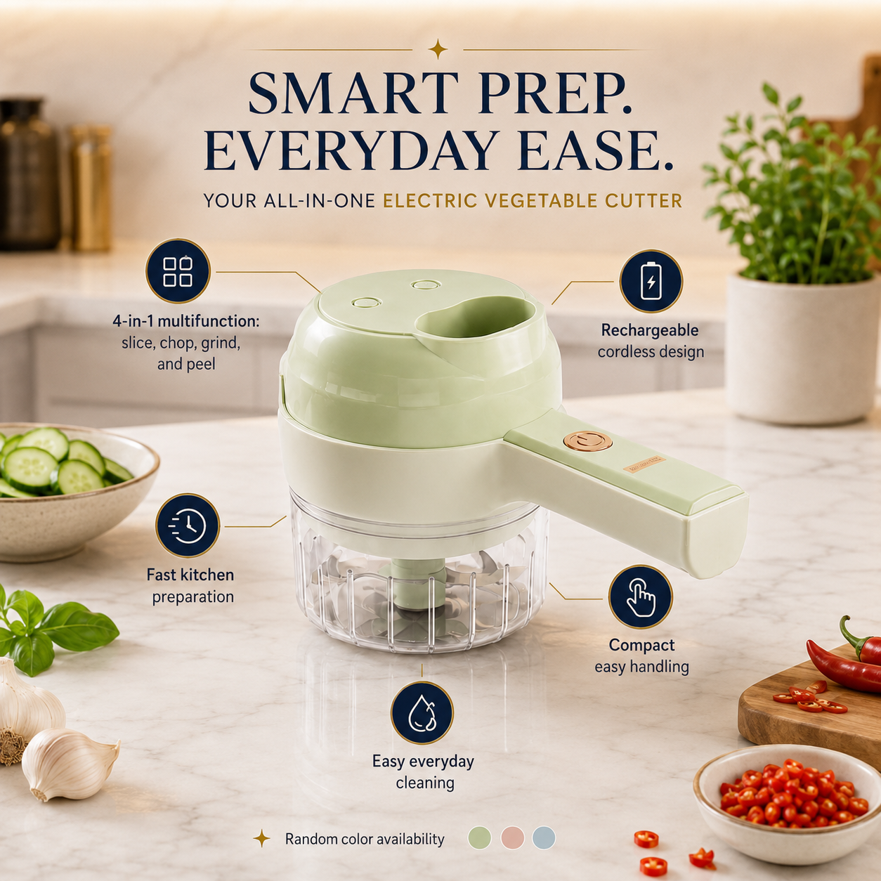 Rechargeable 4-in-1 Electric Vegetable Cutter, Slicer, Chopper & Peeler