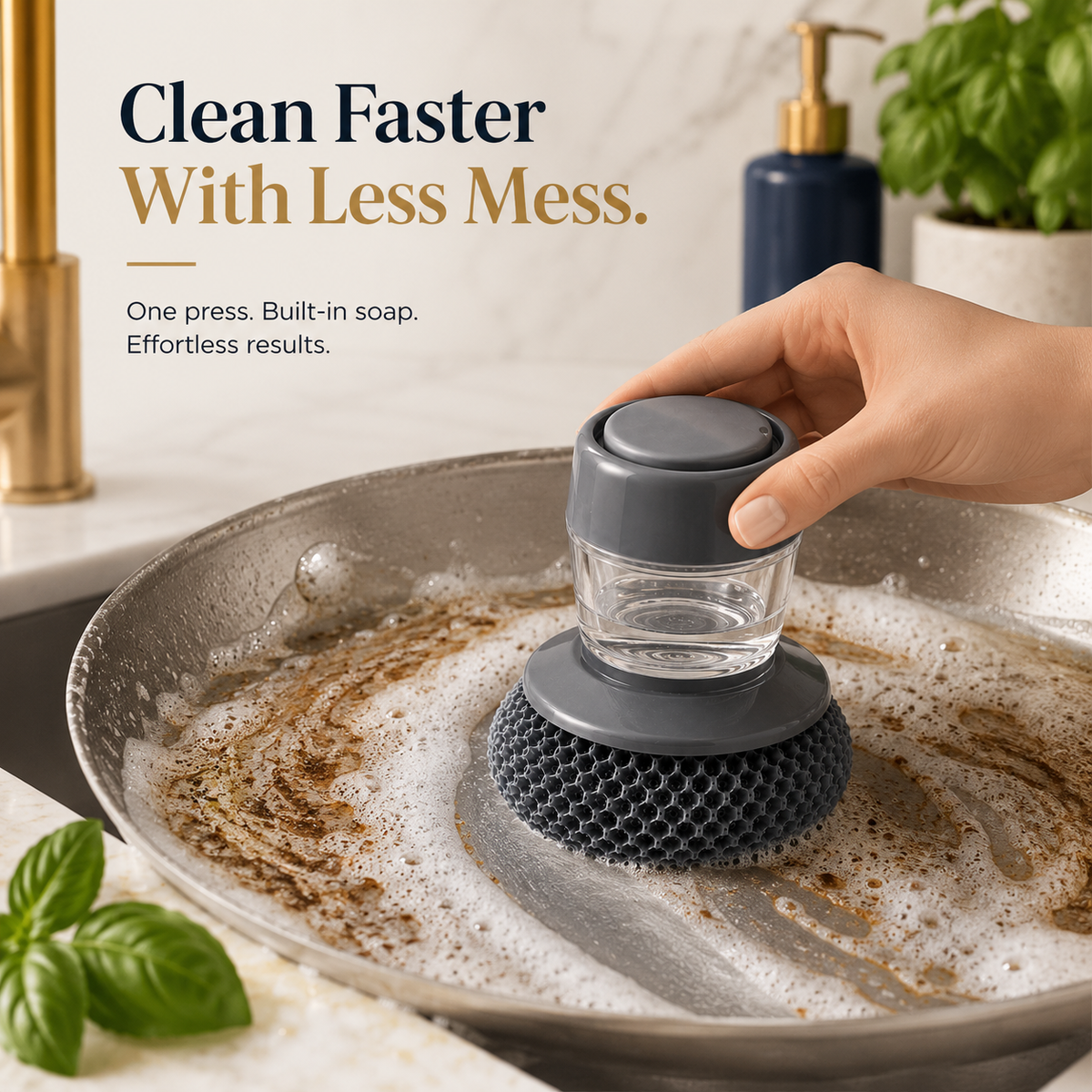 Soap Dispensing Palm Brush โ Non-Scratch Dish Scrubber with PET Bristles