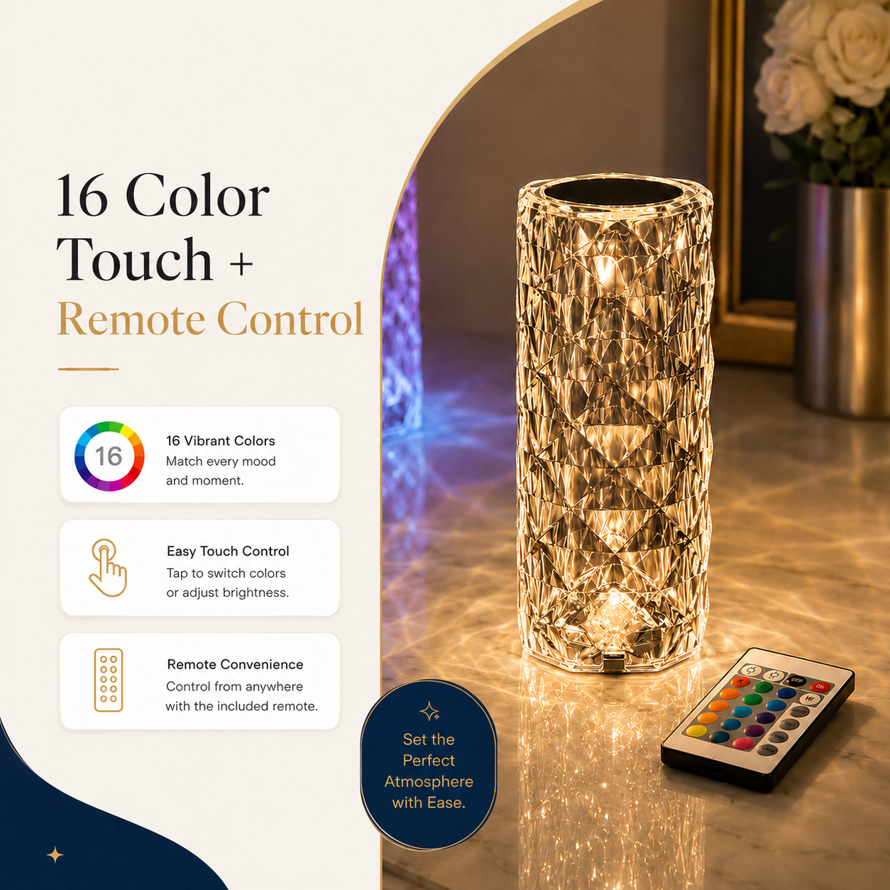 16 Colors Diamond Rose Crystal Touch Lamp – USB Rechargeable Acrylic Bedside Table Lamp with Remote