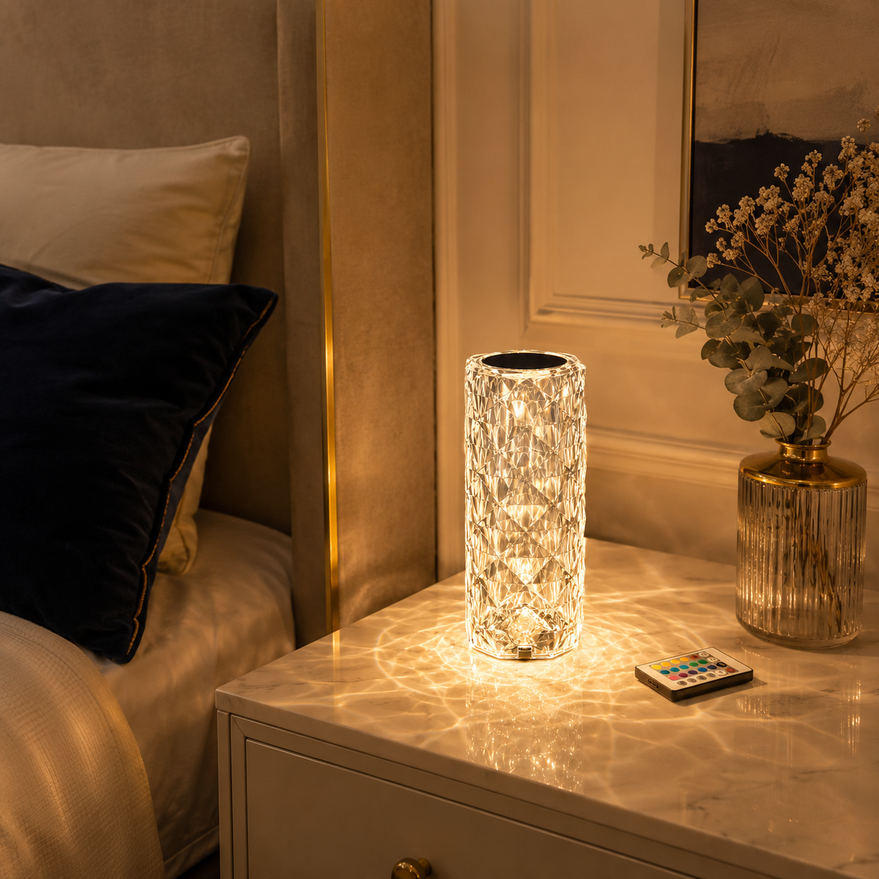 16 Colors Diamond Rose Crystal Touch Lamp – USB Rechargeable Acrylic Bedside Table Lamp with Remote