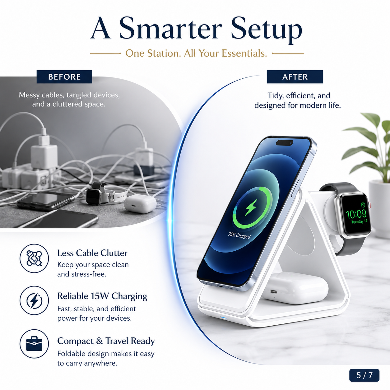3-in-1 Magnetic Foldable Wireless Charging Station – 15W Fast Charger