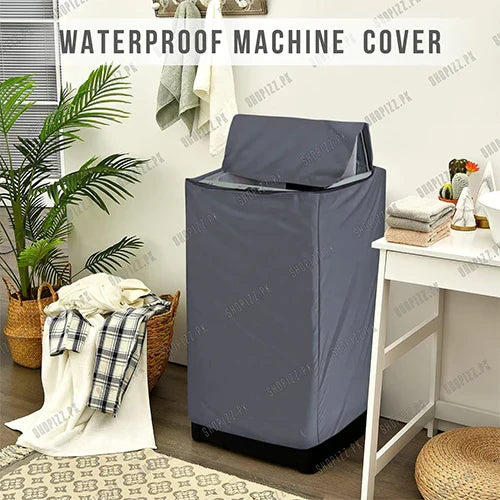 AVIOX grey waterproof washing machine cover for dust and water protection in a laundry room.