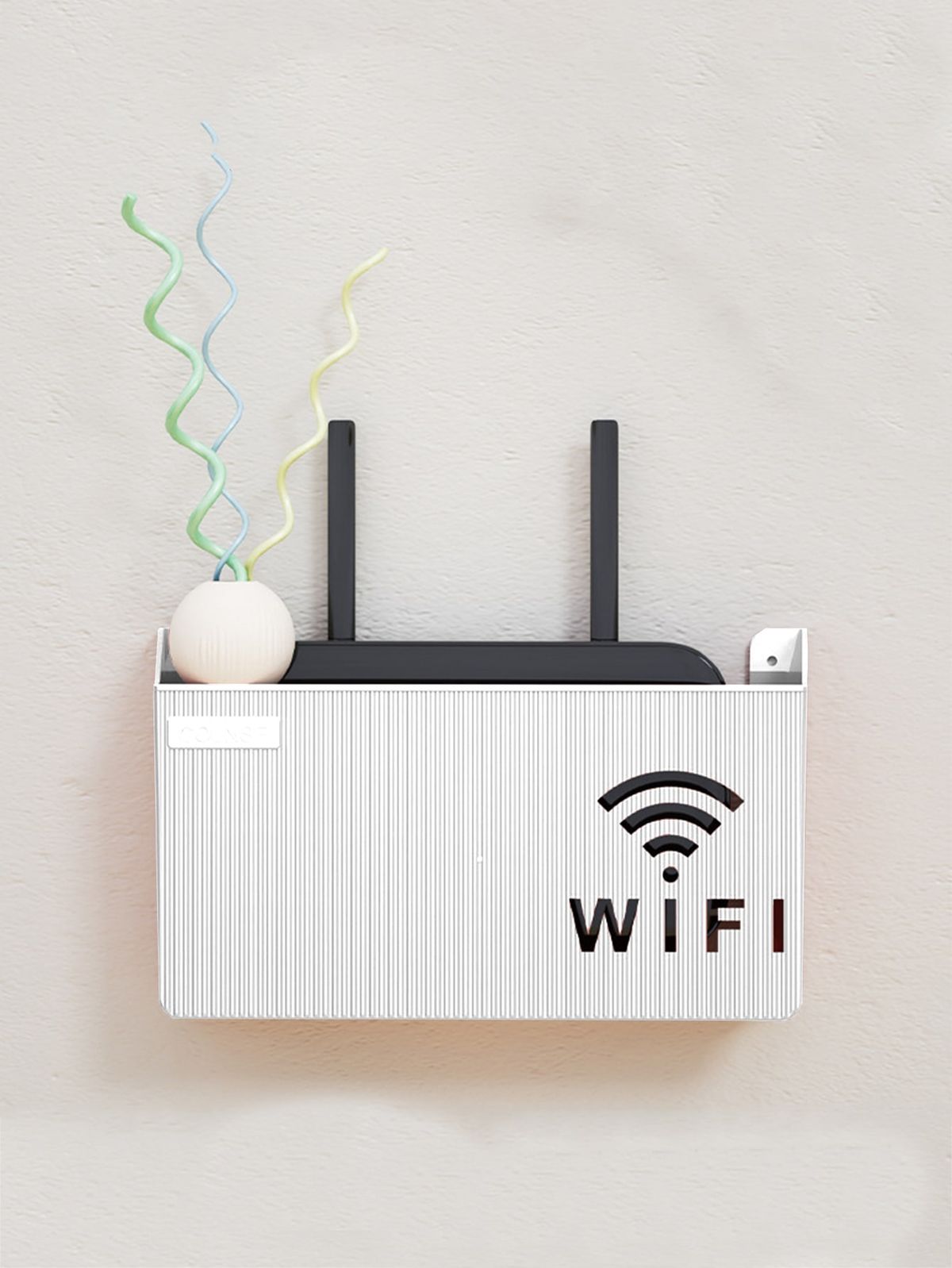 AVIOX white router storage box with WIFI icon organizing cables on a wall.