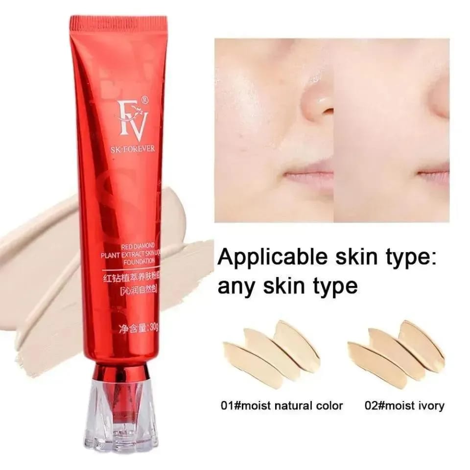 Flicka 2-in-1 primer foundation showing skin coverage results and shade swatches.