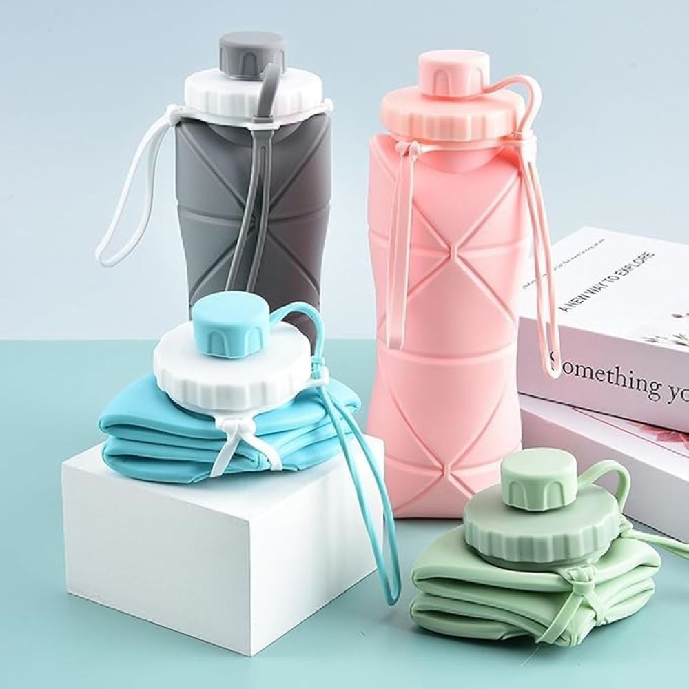 AVIOX silicone foldable water bottles in grey, pink, blue, and green, shown expanded and collapsed.