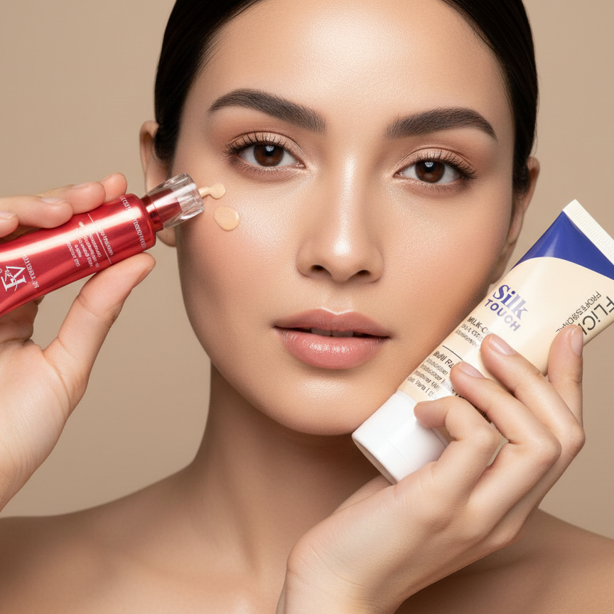 Woman applying Flicka 2-In-1 primer foundation for a smooth makeup finish.