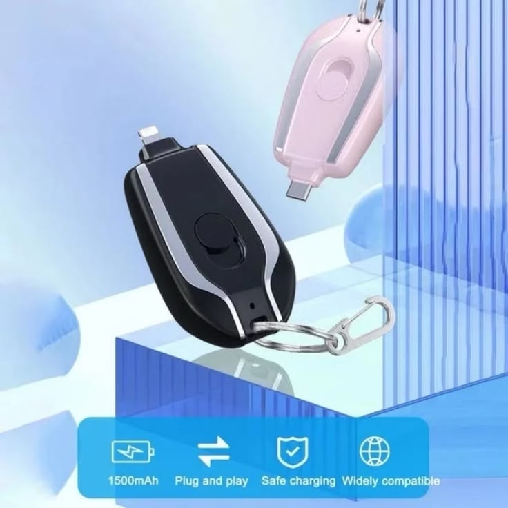 AVIOX Power Pod Mini keychain power bank in black and pink with 1500mAh emergency capacity.