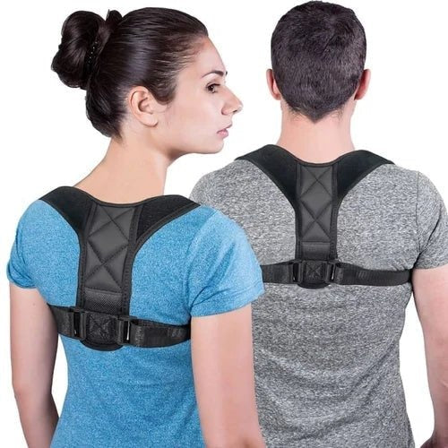 A man and woman wearing AVIOX posture corrector belts for back support.