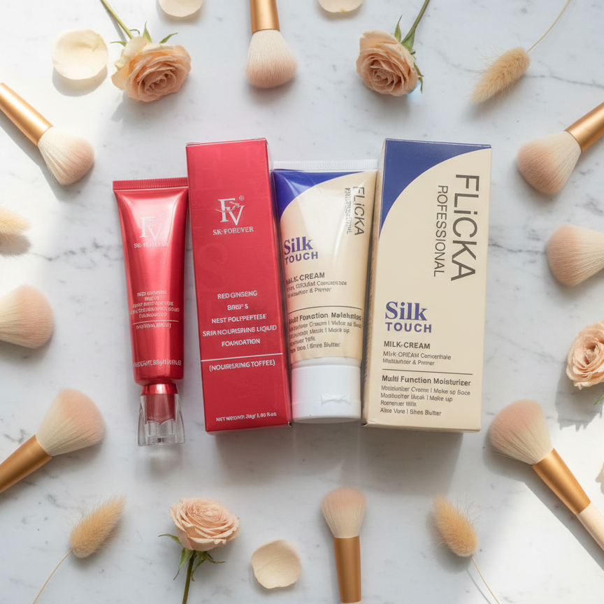 Flicka Silk Touch Milk-Cream Primer and SK-II Red Ginseng Liquid Foundation with makeup brushes.