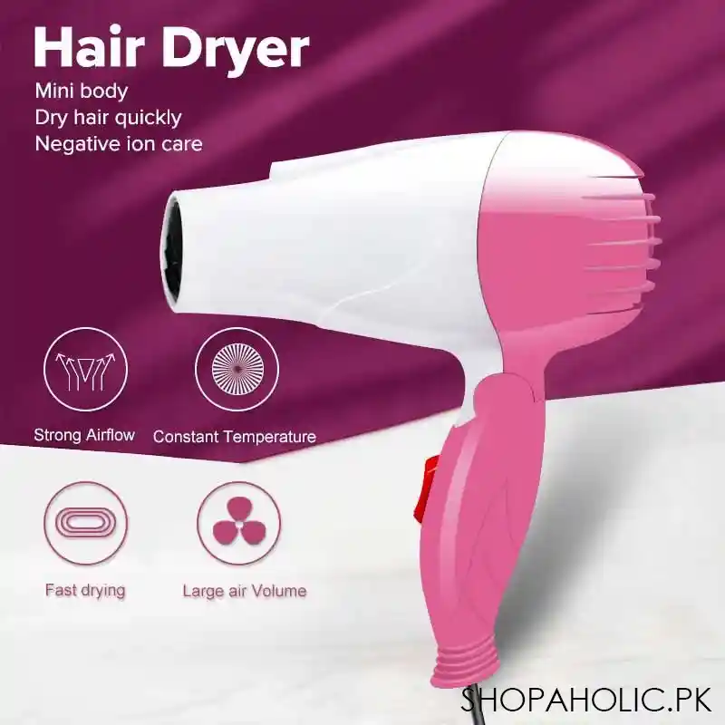 Pink and white AVIOX foldable hair dryer with quick dry and negative ion care features.