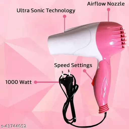 AVIOX Nova Foldable Hair Dryer in white and pink with 1000 Watt power and speed settings.