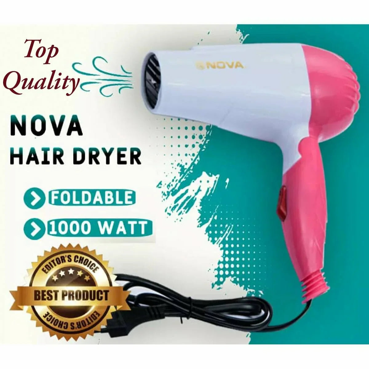AVIOX Nova Foldable Hair Dryer in white and pink, 1000 Watt for quick dry styling.