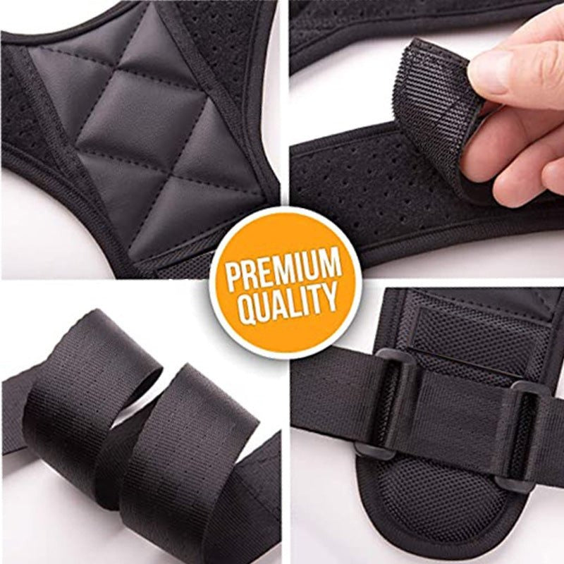 Close-up details of the AVIOX posture corrector belt showing breathable fabric and adjustable straps.