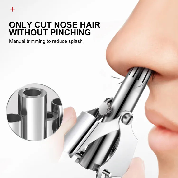 AVIOX Mini Portable Nose Hair Trimmer showing precision cutting action on a person's nose.