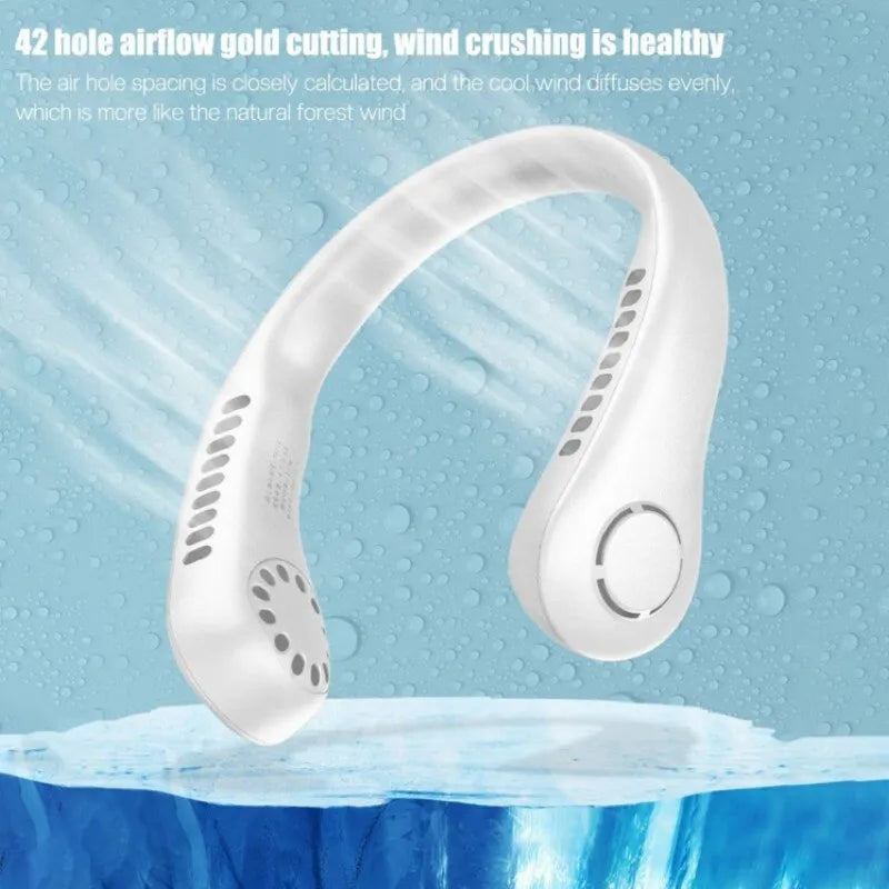 AVIOX Mini Neck Bladeless Rechargeable Cooling Fan in white against a cool blue background