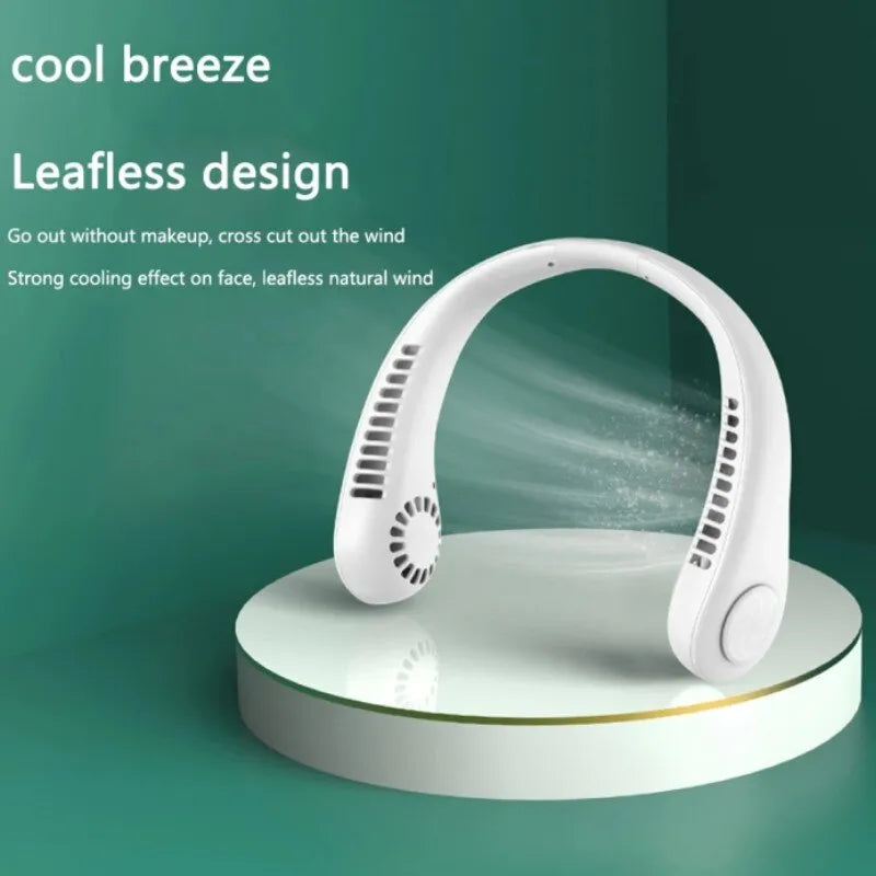 AVIOX white bladeless mini neck fan providing a strong cooling breeze on a pedestal.