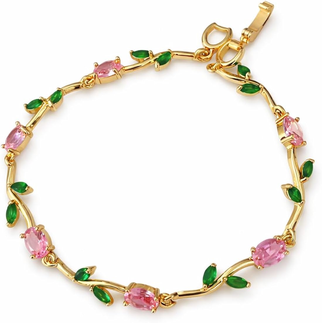AVIOX gold-tone floral bracelet with pink gemstones and green leaf accents