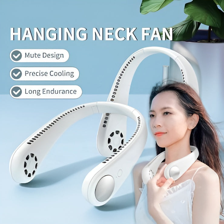 AVIOX white mini neck bladeless rechargeable cooling fan shown on a model and as product shots.