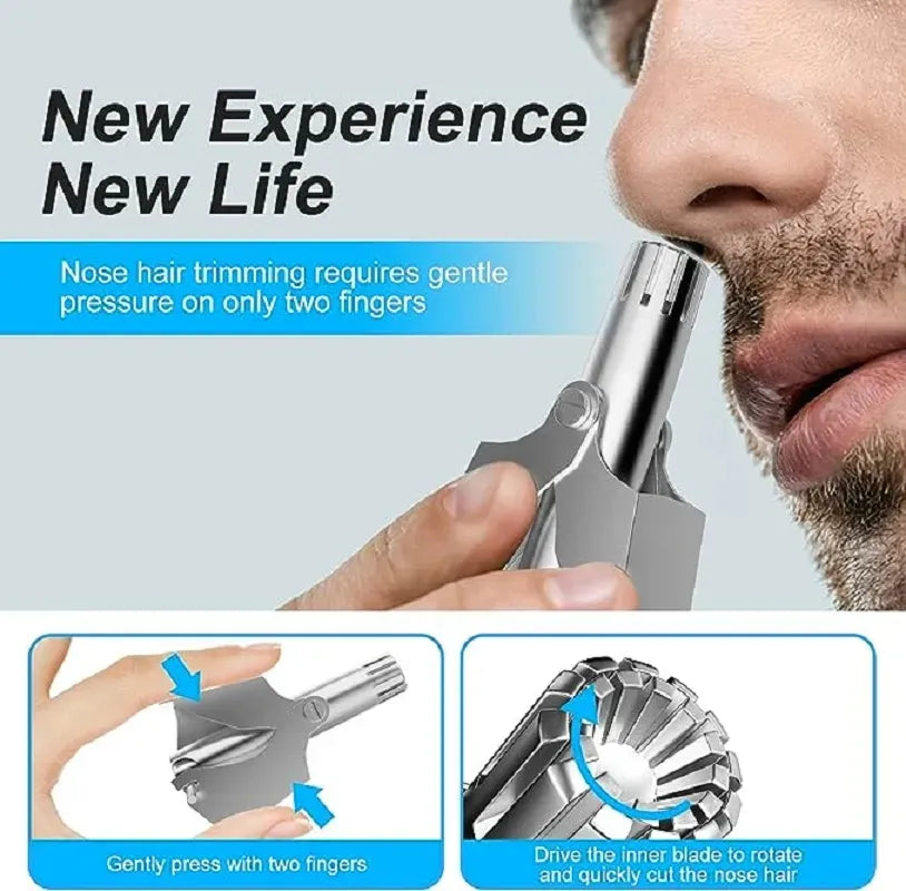 AVIOX Mini Portable Nose Hair Trimmer for precision grooming showing usage and blade action.