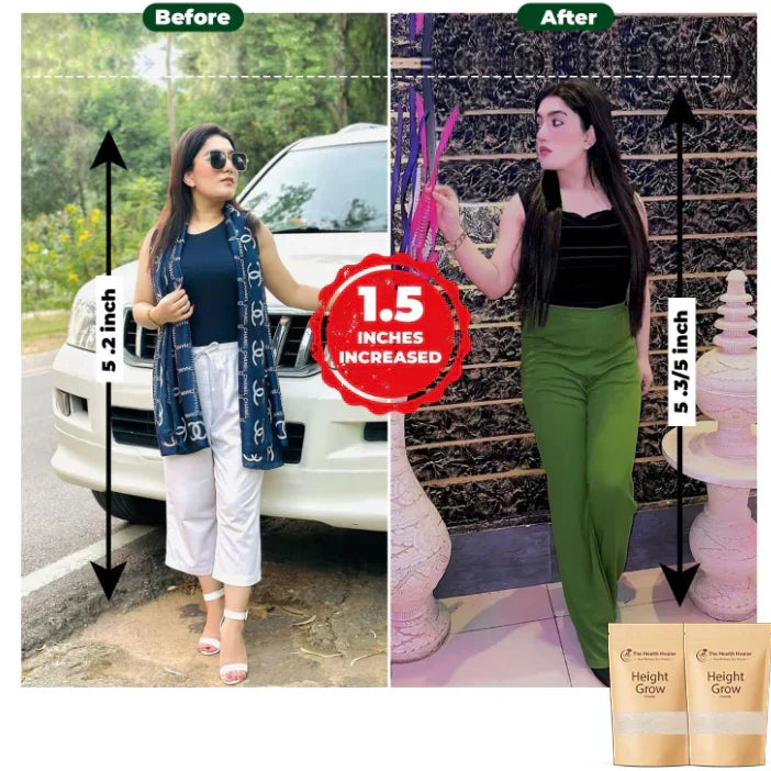 Before and after comparison showing height increase using AVIOX growth powder supplement.