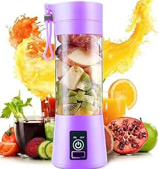 AVIOX purple portable juicer blender filled with fresh fruit and surrounded by juice splashes.