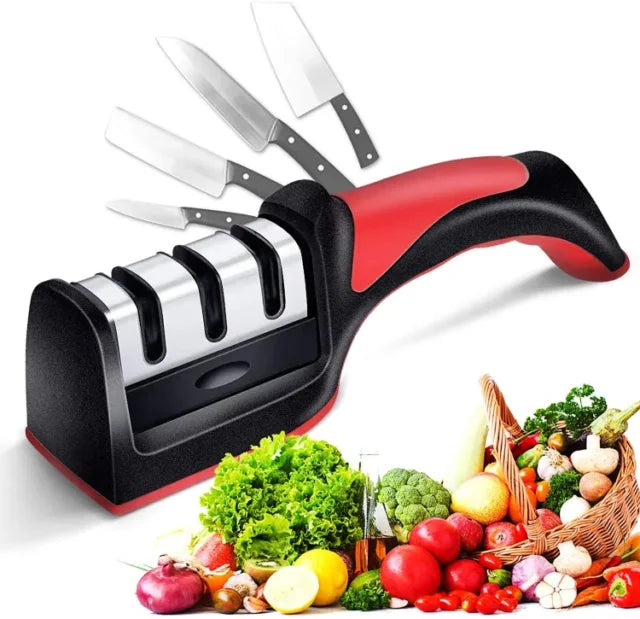 AVIOX 3-in-1 knife sharpener tool with various kitchen knives and fresh vegetables