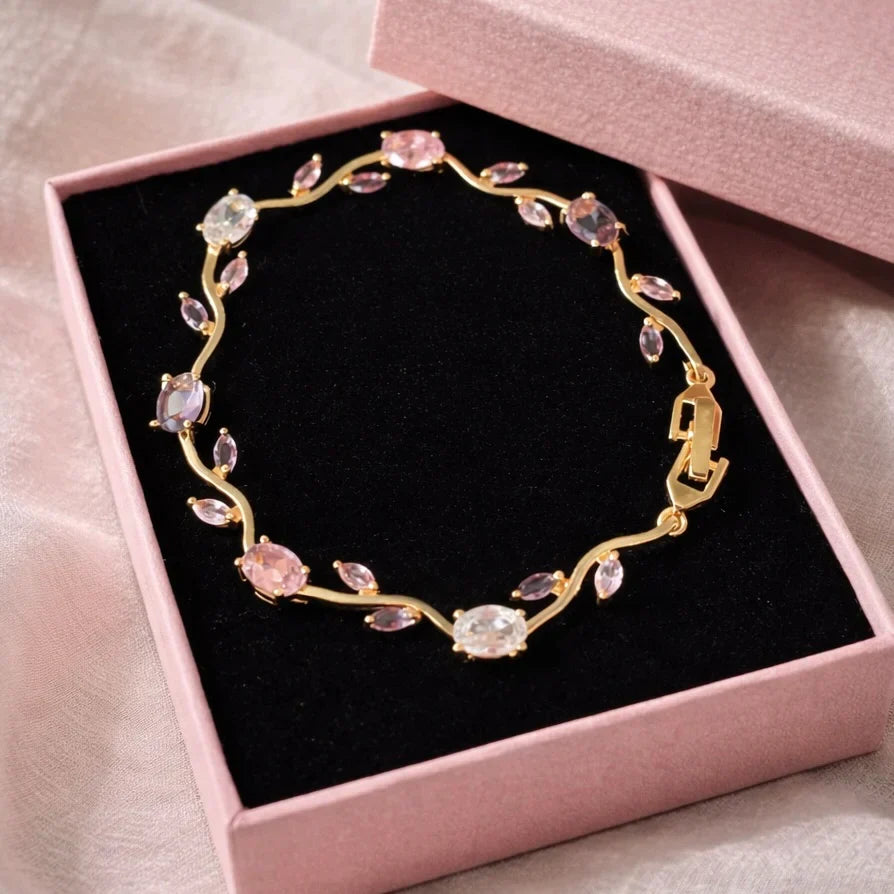 AVIOX multi-color floral tulip bracelet with crystals in a pink jewelry box
