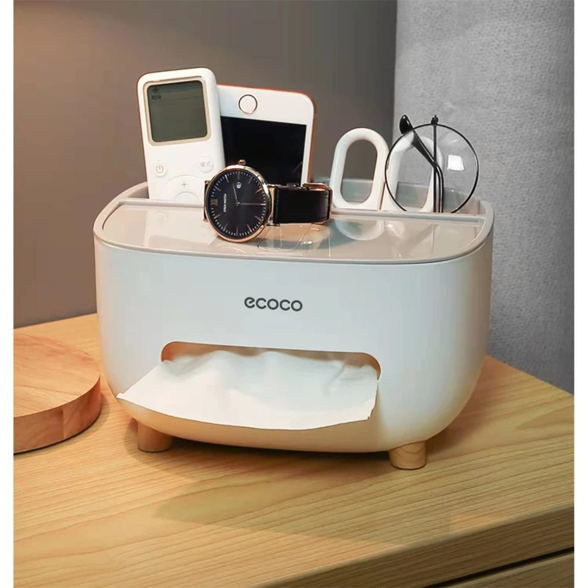 AVIOX luxury multi-functional tissue box organizer with storage for phone, watch, and glasses