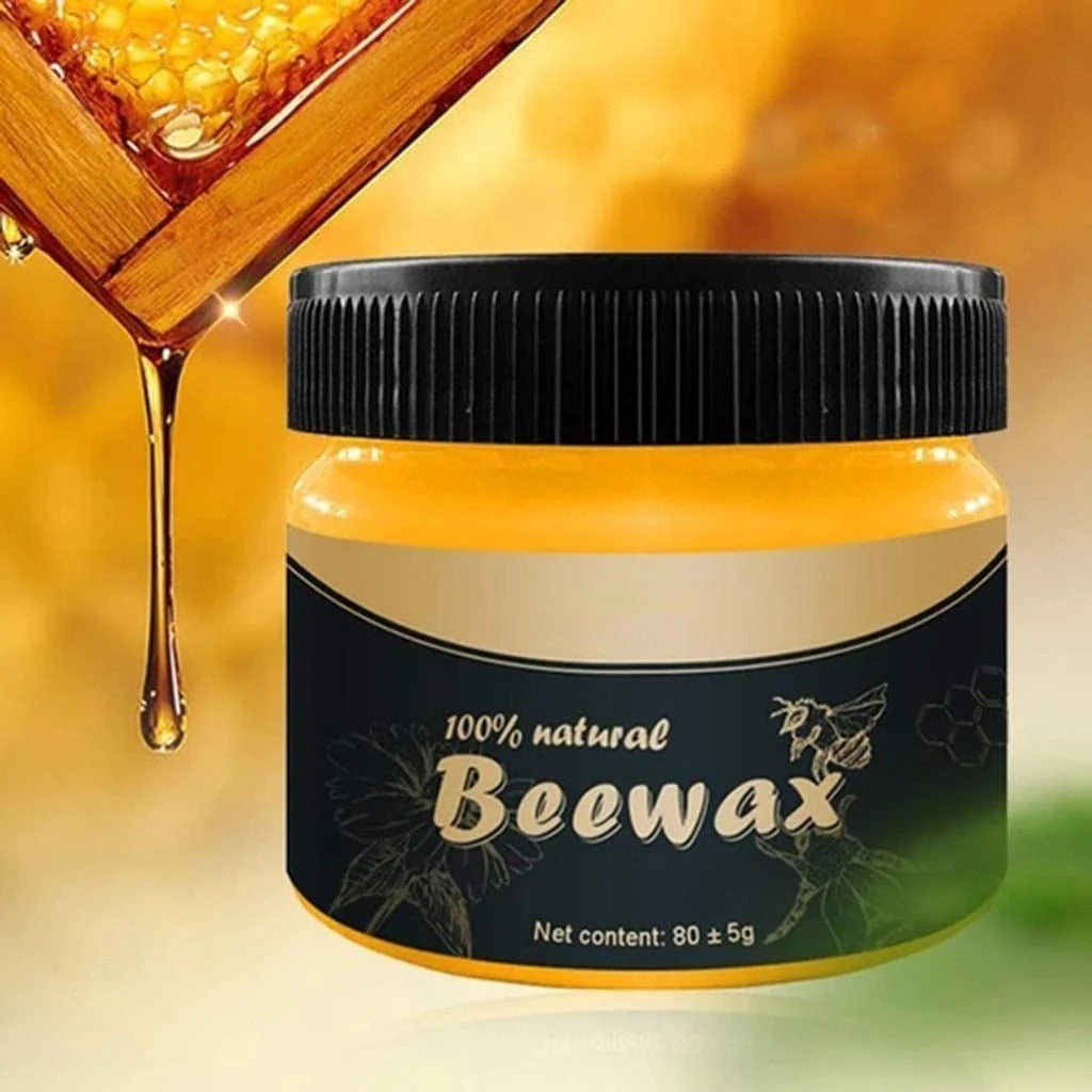 AVIOX 100% natural Beewax furniture polish jar with honey dripping in the background