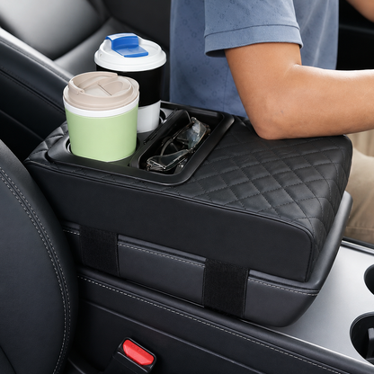 Universal PU Leather Car Armrest Cushion with Cup Holder & Storage Box