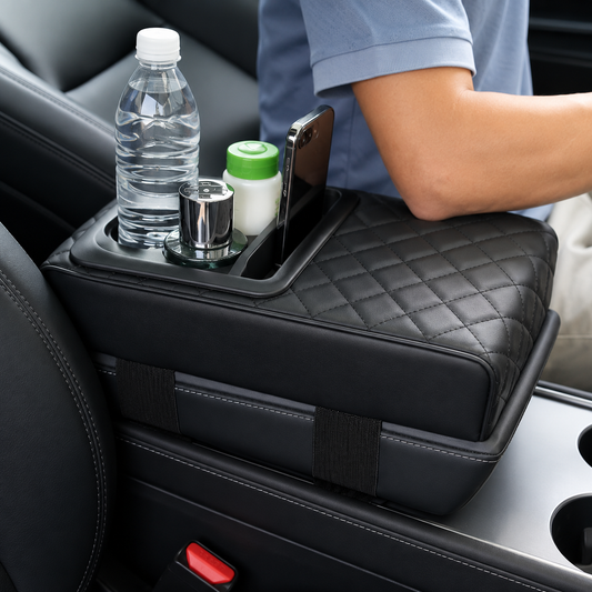 Universal PU Leather Car Armrest Cushion with Cup Holder & Storage Box