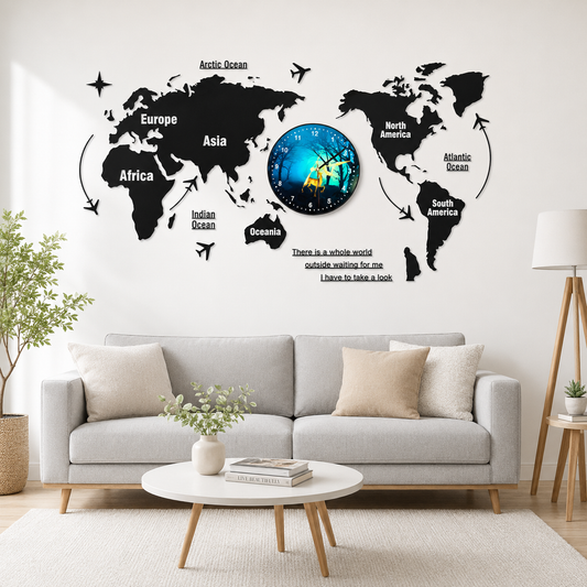 40-Inch 3D Wooden World Map Wall Clock with Decorative Light