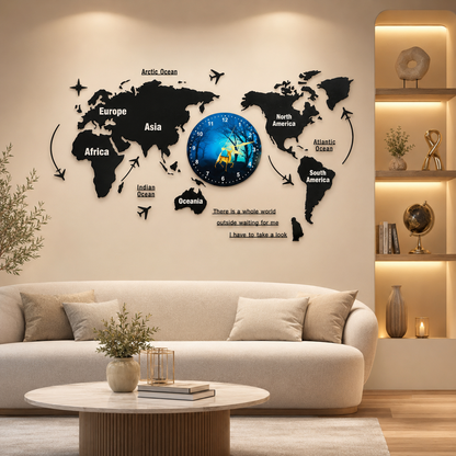 40-Inch 3D Wooden World Map Wall Clock with Decorative Light