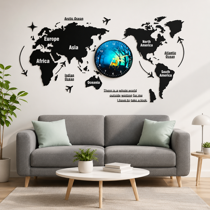 40-Inch 3D Wooden World Map Wall Clock with Decorative Light