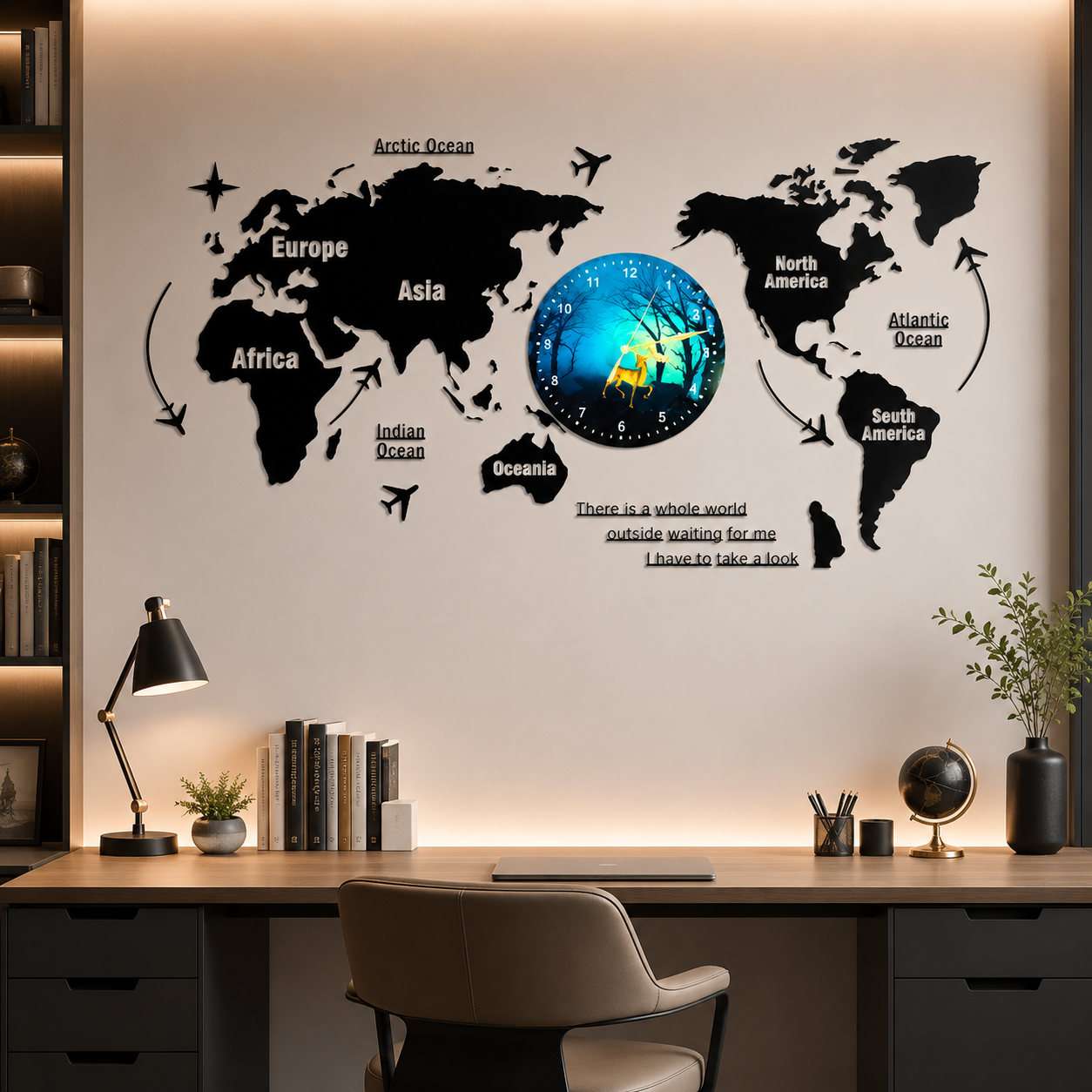 40-Inch 3D Wooden World Map Wall Clock with Decorative Light