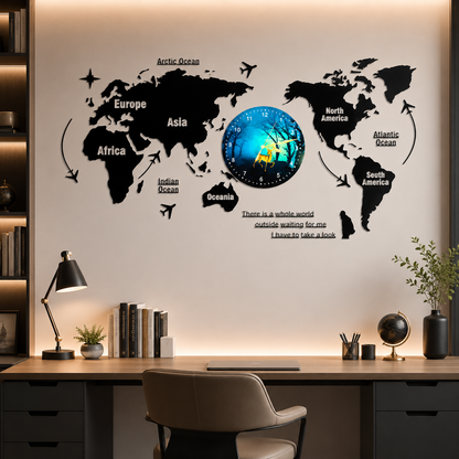 40-Inch 3D Wooden World Map Wall Clock with Decorative Light
